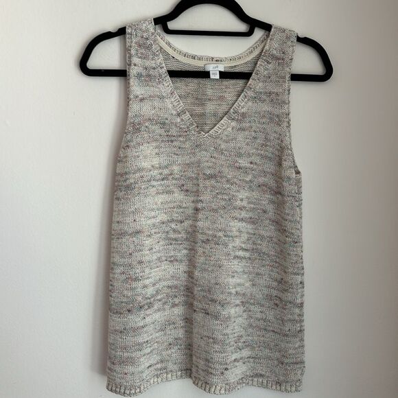 J. JILL Knit Two Piece v-neck tank short sleeve sweater set cream multi Petite M - Picture 5 of 13